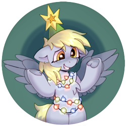 Size: 2000x2000 | Tagged: safe, artist:cherry_kotya, derpy hooves, pegasus, pony, g4, bipedal, blushing, chest fluff, christmas, christmas lights, derpy star, female, floppy ears, frog (hoof), grin, high res, holiday, looking at you, mare, sheepish grin, simple background, smiling, solo, spread wings, stars, transparent background, underhoof, wings