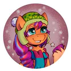 Size: 2300x2300 | Tagged: safe, artist:kotya, sunny starscout, earth pony, pony, g5, clothes, female, mare, scarf, smiling, snow, snowfall, solo, striped scarf