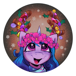 Size: 2300x2300 | Tagged: safe, artist:kotya, izzy moonbow, pony, unicorn, g5, antlers, clothes, female, floral head wreath, flower, mare, scarf, snow, snowfall, solo