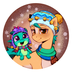 Size: 2300x2300 | Tagged: safe, artist:kotya, hitch trailblazer, sparky sparkeroni, dragon, earth pony, pony, g5, baby, baby dragon, clothes, cute, happy, hat, hitchbetes, looking at you, male, open mouth, open smile, papa hitch, scarf, smiling, snow, snowfall, solo, sparkybetes, stallion, striped scarf, winter hat