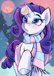 Size: 2480x3508 | Tagged: safe, artist:cherry_kotya, rarity, pony, unicorn, g4, bauble, clothes, cute, forest, full moon, high res, moon, ornament, raribetes, scarf, snow, snowfall, solo, striped scarf, winter