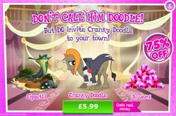 Size: 1959x1295 | Tagged: safe, gameloft, cipactli, cranky doodle donkey, donkey, g4, my little pony: magic princess, advertisement, bowtie, bush, clothes, costs real money, english, flower, gem, introduction card, jack, male, mobile game, mud, numbers, sale, solo, text, tuxedo, wedding suit, wig