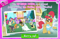 Size: 1962x1298 | Tagged: safe, gameloft, amethyst star, big wig, cranky doodle donkey, karat, matilda, roseluck, sparkler, strike, donkey, earth pony, pony, unicorn, g4, my little pony: magic princess, advertisement, background character, background pony, bowtie, clothes, collection, colt, dress, ear piercing, earring, english, eyeshadow, female, flower, foal, group, jack, jenny, jewelry, makeup, male, mare, mobile game, necktie, numbers, piercing, stallion, sunglasses, text, tuxedo, veil, visor, wedding dress, wedding suit, wig