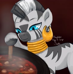 Size: 3992x4096 | Tagged: safe, artist:saphypone, zecora, zebra, g4, female, food, solo, soup