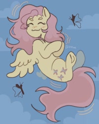 Size: 1638x2048 | Tagged: safe, artist:dumbdumbmeee, fluttershy, butterfly, pegasus, pony, g4, :3, beanbrows, cloud, cute, eyebrows, eyes closed, flying, happy, shyabetes, sky, solo