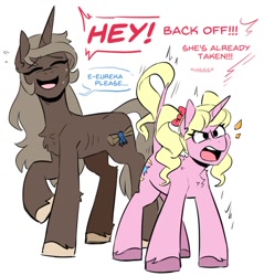Size: 798x833 | Tagged: safe, artist:redxbacon, oc, oc only, oc:eureka, oc:eureka moment, oc:parch well, classical unicorn, pony, unicorn, angry, bow, chest fluff, cloven hooves, concave belly, dialogue, duo, female, hair bow, height difference, horn, leonine tail, lesbian, mare, oc x oc, possessive, ribs, shipping, simple background, skinny, stuttering, sweat, thin, unicorn oc, unshorn fetlocks, white background