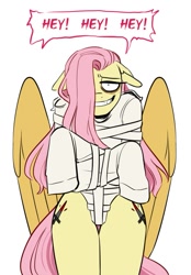 Size: 683x983 | Tagged: safe, artist:redxbacon, fluttershy, pegasus, anthro, .mov, shed.mov, g4, bags under eyes, bondage, dialogue, fluttershed, hair over one eye, hey hey hey, simple background, solo, straitjacket, white background, wide smile