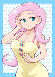 Size: 1024x1434 | Tagged: safe, artist:confusedsnowman, fluttershy, human, g4, bare shoulders, breasts, busty fluttershy, cleavage, clothes, dress, humanized, looking sideways, solo, stupid sexy fluttershy