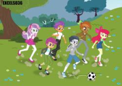 Size: 1120x792 | Tagged: safe, artist:excelso36, apple bloom, button mash, rumble, scootaloo, sweetie belle, tender taps, human, equestria girls, g4, ball, casual, clothes, commission, converse, dialogue, equestria girls-ified, female, football, long socks, male, microskirt, miniskirt, park, playing, pleated skirt, shoes, skirt, socks, sports, suspenders, thigh highs, thigh socks, trash can, walking
