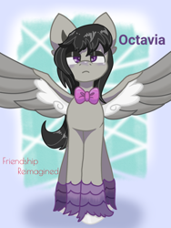 Size: 1080x1440 | Tagged: safe, artist:flowery_pikture, derpibooru exclusive, octavia melody, pegasus, pony, comic:friendship reimagined, g4, bowtie, female, lidded eyes, mare, race swap, solo, spread wings, trans female, transgender, wings