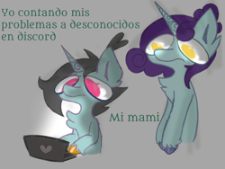 Size: 1440x1080 | Tagged: safe, artist:flower-black, derpibooru exclusive, oc, oc only, oc:flower black, unnamed oc, pony, chest fluff, computer, duo, female, laptop computer, mother and child, mother and daughter, spanish, translated in the comments