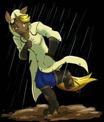 Size: 1092x1280 | Tagged: safe, artist:ketzel99, oc, oc only, oc:golden gear, unicorn, anthro, anthro oc, black background, boots, horn, mud, raincoat, shoes, simple background, solo, unicorn oc