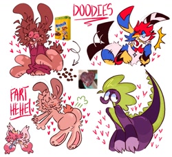 Size: 1200x1094 | Tagged: source needed, useless source url, safe, artist:juicy zone, spike, oc, cat, dog, dragon, hybrid, rabbit, semi-anthro, g4, animal, barely pony related, cereal, doodle, drugs, fangs, fart, fart cloud, female, food, furry, group, heart, implied pooping, male, marijuana, nesquik, non-mlp oc, open mouth, simple background, smiling, text, white background