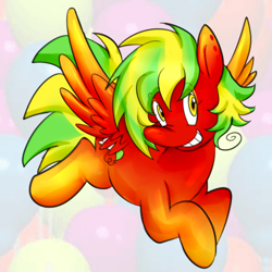 Size: 1000x1000 | Tagged: safe, artist:xxitachiuchihaloverxx, oc, oc only, oc:balloon chaser, pegasus, pony, colored wings, female, gradient hooves, gradient wings, looking away, lying down, multicolored hair, smiling, solo, wings