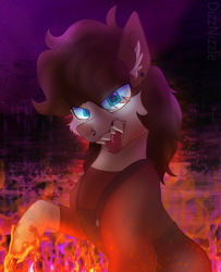 Size: 2333x2872 | Tagged: safe, artist:thatonefluffs, oc, oc:misanthropic misery, pony, chin fluff, clothes, ear piercing, earring, fire, high res, jewelry, looking at you, nose piercing, overalls, piercing, ponysona, shading, sharp teeth, solo, teeth, watermark