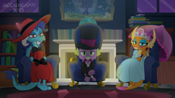 Size: 8000x4500 | Tagged: safe, artist:metalhead97, princess ember, smolder, spike, dragon, g4, absurd resolution, bowtie, clothes, dragon trio, dragoness, dress, female, fireplace, hat, looking at you, male, night, outfit, princess smolder, puffy sleeves, room, serious, serious face, show accurate, smolder also dresses in style, top hat