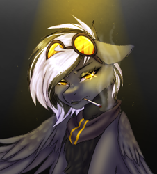 Size: 1780x1965 | Tagged: safe, artist:midnightmagic15, oc, oc:zephyr corax, oc:zephyrai, pegasus, pony, bust, cigarette, clothes, colored belly, dark belly, ears back, goggles, gray coat, halfbody, lidded eyes, looking at you, partially open wings, portrait, reverse countershading, scarf, shawl, smoking, solo, white mane, wings, yellow eyes