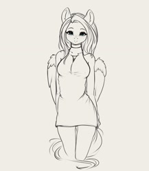 Size: 2760x3184 | Tagged: safe, artist:miokomata, fluttershy, pegasus, anthro, g4, breasts, busty fluttershy, choker, chokershy, clothes, dress, freckles, freckleshy, high res, looking at you, monochrome, partial color, simple background, sketch, smiling, smiling at you, solo, white background