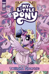 Size: 2063x3131 | Tagged: safe, idw, official comic, twilight sparkle, alicorn, human, pony, seapony (g4), unicorn, equestria girls, g4, official, spoiler:comic, comic, comic cover, crown, crystallized, female, filly, filly twilight sparkle, fin wings, fins, fish tail, flowing mane, high res, horn, jewelry, looking at you, mare, my little pony logo, older, older twilight, older twilight sparkle (alicorn), princess twilight 2.0, purple eyes, rainbow power, rainbow power-ified, regalia, seaponified, seapony twilight, smiling, smiling at you, species swap, spread wings, tail, twilight sparkle (alicorn), unicorn twilight, wings