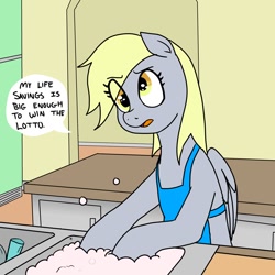 Size: 1200x1200 | Tagged: safe, artist:pony quarantine, derpy hooves, pegasus, pony, g4, apron, bipedal, clothes, derpy being derpy, dialogue, dishwashing, eye clipping through hair, female, mare, silly, sink, solo, speech bubble