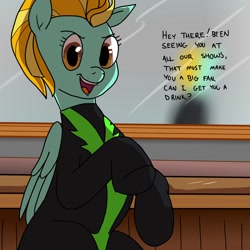 Size: 1200x1200 | Tagged: safe, artist:pony quarantine, lightning dust, pegasus, pony, g4, bar, clothes, dialogue, female, mare, open mouth, open smile, sitting, smiling, solo, talking to viewer, uniform, washouts uniform