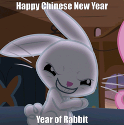 Size: 510x512 | Tagged: safe, edit, edited screencap, screencap, angel bunny, fluttershy, pegasus, pony, rabbit, g4, scare master, animal, animated, caption, chinese new year, evil grin, gif, grin, image macro, meme, smiling, text, year of the rabbit