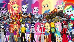 Size: 1920x1080 | Tagged: safe, artist:robertsonskywa1, applejack, fluttershy, pinkie pie, rainbow dash, rarity, sci-twi, sunset shimmer, twilight sparkle, cybertronian, human, equestria girls 10th anniversary, equestria girls, g4, my little pony equestria girls: better together, 10th anniversary, boots, bumblebee (transformers), clash of hasbro's titans, clothes, equestria girls-ified, evolution, glasses, humane five, humane seven, humane six, ironhide, jazz, rodimus, shoes, sideswipe, sunstreaker, super ponied up, tenth anniversary, transformers, wheeljack