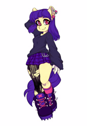 Size: 2250x3294 | Tagged: safe, artist:tolsticot, oc, oc only, earth pony, anthro, boots, clothes, ear piercing, earring, high res, jewelry, looking at you, piercing, plaid skirt, ripped stockings, shoes, skirt, smiling, solo, stockings, sweater, thigh highs, torn clothes