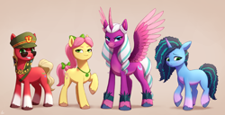 Size: 2500x1280 | Tagged: safe, artist:luminousdazzle, misty brightdawn, opaline arcana, posey bloom, sprout cloverleaf, alicorn, earth pony, pony, unicorn, g5, spoiler:g5, adventure in the comments, antagonist, bow, bracelet, colored wings, cornrows, emperor sprout, eyebrows, eyeshadow, female, frown, glasses, gradient hooves, grin, group, hair bow, height difference, jewelry, looking at you, makeup, male, mare, multicolored wings, necklace, one of these things is not like the others, ponytail, quartet, raised hoof, shadow, shy, simple background, smiling, smiling at you, smirk, spread wings, stallion, tail, tan background, unshorn fetlocks, wall of tags, wavy mane, wavy tail, wings