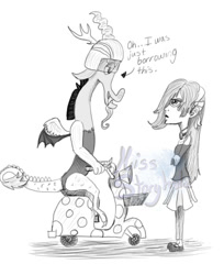 Size: 530x648 | Tagged: safe, artist:missstoryholic, discord, draconequus, human, g4, twilight's kingdom, blythe baxter, crossed arms, crossover, dialogue, duo, duo male and female, female, helmet, littlest pet shop, looking at each other, looking at someone, male, monochrome, scooter, simple background, unamused, white background