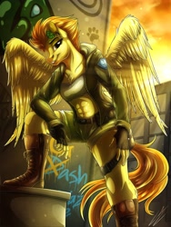 Size: 3000x4000 | Tagged: safe, artist:lupiarts, spitfire, pegasus, anthro, plantigrade anthro, g4, abs, belly button, boots, clothes, clover, fingerless gloves, fitfire, flower, flower in hair, four leaf clover, gloves, graffiti, grin, looking at you, midriff, muscles, shoes, shorts, smiling, solo, sun, wall