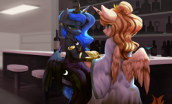 Size: 3378x2043 | Tagged: safe, artist:theprince, princess luna, oc, alicorn, semi-anthro, g4, alcohol, alicorn oc, arm hooves, bar, clothes, dress, ear piercing, earring, high res, horn, horn ring, jewelry, lidded eyes, piercing, ring, smiling, spread wings, wings