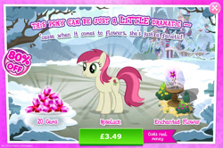 Size: 1961x1300 | Tagged: safe, gameloft, roseluck, earth pony, pony, g4, my little pony: magic princess, advertisement, background character, background pony, bush, costs real money, english, female, flower, gem, introduction card, magic, mare, mobile game, numbers, sale, solo, text