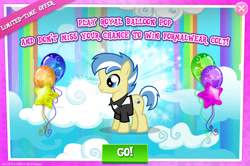 Size: 1956x1295 | Tagged: safe, gameloft, strike, earth pony, pony, g4, my little pony: magic princess, advertisement, background character, background pony, balloon, balloon pop, clothes, colt, english, foal, male, mobile game, numbers, shirt, solo, text