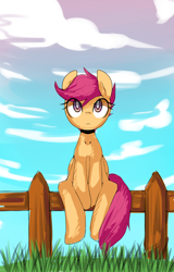 Size: 1182x1845 | Tagged: safe, artist:maren, scootaloo, pegasus, pony, g4, 2014, cloud, eye clipping through hair, female, fence, filly, foal, folded wings, frown, grass, looking up, old art, sitting, sketch, sky, solo, wings