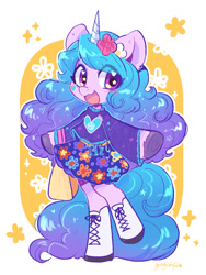 Size: 1024x1361 | Tagged: safe, artist:oofycolorful, izzy moonbow, pony, unicorn, semi-anthro, g5, :d, blushing, boots, clothes, cute, eye clipping through hair, flower, flower in hair, happy, izzybetes, open mouth, open smile, shoes, simple background, skirt, smiling, solo, sweater, white background