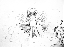 Size: 835x612 | Tagged: safe, artist:anonymous, dust devil, pegasus, pony, g4, female, landing, mare, monochrome, question mark, sketch, spread wings, sunglasses, tornado, wings