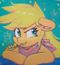 Size: 1308x1409 | Tagged: safe, artist:krista-21, applejack, earth pony, pony, g4, aside glance, bust, eyebrows, eyebrows visible through hair, female, floppy ears, grin, looking at you, mare, neckerchief, portrait, smiling, solo, straw in mouth, three quarter view, traditional art