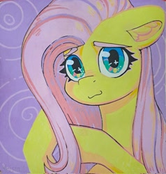 Size: 1953x2048 | Tagged: safe, artist:krista-21, fluttershy, pegasus, pony, g4, :3, bust, ear fluff, female, floppy ears, looking at you, mare, playing with hair, smiling, smiling at you, solo, traditional art