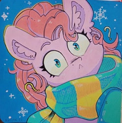 Size: 2030x2048 | Tagged: safe, artist:krista-21, pinkie pie, earth pony, pony, :<, clothes, ear fluff, question mark, scarf, snow, snowfall, snowflake, solo, striped scarf, traditional art, wide eyes