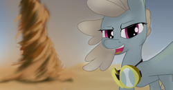 Size: 2548x1332 | Tagged: safe, artist:anonymous, dust devil, pegasus, pony, g4, desert, female, goggles, here it comes, looking at you, mare, parody, smiling, solo, taking a photo, tornado, wind, wings