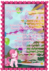 Size: 1816x2660 | Tagged: safe, artist:muhammad yunus, oc, oc only, oc:annisa trihapsari, earth pony, pony, balloon, birthday card, box, cake, canterlot, cute, earth pony oc, eyes closed, female, food, grin, gritted teeth, heart, looking at you, mare, ocbetes, one eye closed, pretty, smiling, smiling at you, solo, teeth