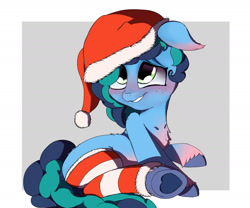 Size: 1600x1332 | Tagged: safe, artist:abracadabra, misty brightdawn, pony, unicorn, g4, g5, blushing, christmas, clothes, cute, female, floppy ears, freckles, hat, holiday, hoof heart, mare, mistybetes, passepartout, santa hat, smiling, socks, solo, striped socks, underhoof, unshorn fetlocks