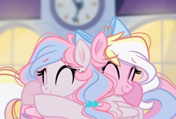 Size: 2270x1545 | Tagged: safe, artist:emberslament, oc, oc only, oc:bay breeze, oc:demure breeze, pegasus, pony, ^^, bow, clock, duo, eyes closed, female, hair bow, hug, mare, pegasus oc, siblings, sisters, smiling, window