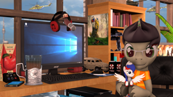 Size: 2920x1642 | Tagged: safe, artist:morozovbrony, oc, oc only, oc:marussia, oc:morozov, pegasus, pony, robot, unicorn, 3d, bookshelf, cellphone, city, clothes, computer, computer mouse, ed-209, glasses, gravity falls, headphones, helicopter, horn, juice, keyboard, male, medkit, mi-26, nation ponies, ostankino tv tower, phone, poster, russia, scarf, skybox, source filmmaker, tank t-90, umbrella corporation, vehicle, wings