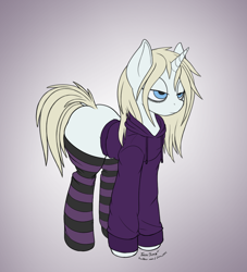 Size: 1000x1100 | Tagged: safe, artist:jessijinx, oc, oc only, oc:synthwave, pony, unicorn, /mlp/, 4chan, bags under eyes, blonde, blonde mane, blonde tail, bored, butt, clothes, dock, eyelashes, femboy, girly, hoodie, large butt, male, neet, ponybooru import, sketch, socks, solo, stallion, standing, striped socks, tail, thighs, thunder thighs, tired, trap, wide hips