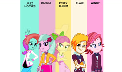 Size: 1163x687 | Tagged: safe, artist:kylexisliner, dahlia, flare (g5), jazz hooves, posey bloom, windy, human, equestria girls, g4, g5, clothes, crystal prep academy uniform, equestria girls-ified, female, g5 to equestria girls, g5 to g4, generation leap, group, quintet, school uniform