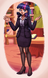 Size: 1460x2350 | Tagged: safe, artist:king-kakapo, twilight sparkle, human, g4, blouse, book, business suit, button-up shirt, clothes, cutie mark accessory, dress shirt, female, golden oaks library, high heels, humanized, jewelry, librarian, library, necklace, pantyhose, shirt, shoes, shrug, skirt, skirt suit, smug, solo, suit