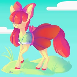 Size: 1000x1000 | Tagged: safe, artist:jinkling, apple bloom, earth pony, pony, g4, apple bloom's bow, bow, clothes, cloud, dress, female, filly, foal, grass, hair bow, hoof polish, one eye closed, puffy sleeves, raised hoof, sky, smiling, solo, wink