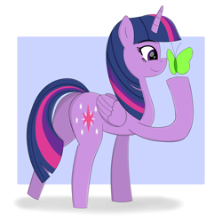 Size: 3000x3000 | Tagged: safe, artist:happyb0y95, twilight sparkle, alicorn, butterfly, pony, g4, abstract background, butt, cute, eyebrows, eyebrows visible through hair, eyelashes, female, high res, horn, mare, plot, raised hoof, raised leg, shadow, smiling, solo, twiabetes, twilight sparkle (alicorn), wings